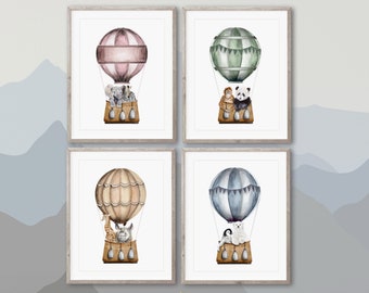 Hot Air Balloon Print Set of 4, Balloon Nursery Decor, Baby Animals in Hot Air Balloons, Balloons Animal Prints, Travel Nursery Wall Art