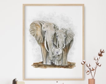 Watercolor Elephant Art - Elephant Nursery Decor - Safari Nursery Art - Mom Dad Baby Nursery Print - Baby Girl Room Decor - Boy Wall Art