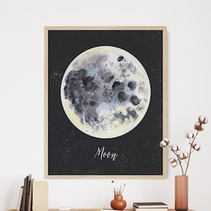 Full Moon Poster Art, Lunar Moon Print, La Luna Moon Watercolor, Moon Wall Art, Space Art, Celestial Dorm Room Art, Space Nursery Decor