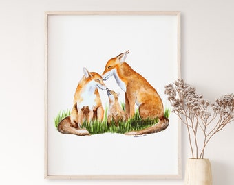 May include: A watercolor painting of a fox family. A mother fox and father fox are nuzzling each other, while a small fox cub sits between them. The foxes are all brown and orange with white accents.