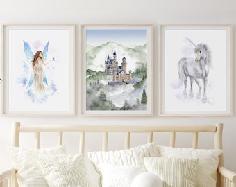 Fairytale Print Set, Princess Nursery Decor, Castle Wall Art, Unicorn Painting, Fairy Art, Girls Room Decor, Once Upon a Time Watercolor Art