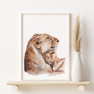 Safari Animal Art, Lion Nursery Decor, Safari Nursery Print, Mom and Baby Lion, Watercolor Art, Lion Print, Baby Room Decor, Wall Art