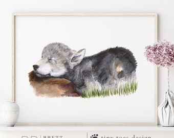 Baby Wolf Art - Woodland Nursery - Wolf Pup - Baby Room Decor - Nursery Art - Wolf Nursery - Baby Animal Art - Green - Gray - Brown