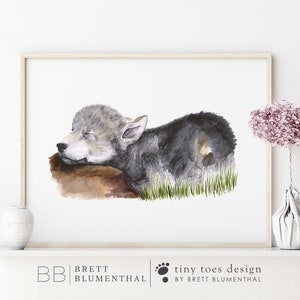 Arte del lobo bebé vivero del bosque cachorro de lobo decoración de la habitación del bebé arte de la guardería vivero del lobo arte animal del bebé verde gris marrón imagen 1