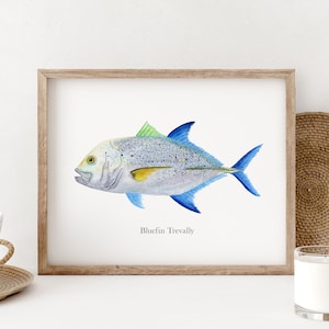Fish Watercolor Print, Bluefin Trevally Print, Trevally Art, Fish Decor, Fish Print, Deep Sea Fishing Angler Fish Gift, Man Cave Fish Poster