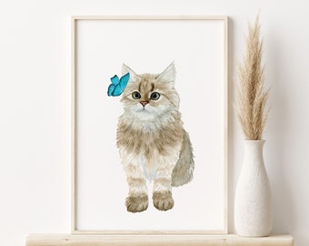 Kitten and Butterfly Nursery Decor - Ragdoll Kitten Print - Turquoise Butterfly and Cat Poster - Girls Playroom Decor - Baby Room Wall Art