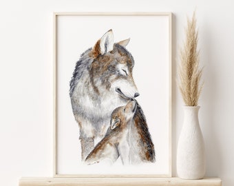 Woodland Nursery Decor, Wolf Art Print, Baby Animals and Moms, Wolf Nursery Art, Woodland Nursery Print, Animal Art, Gray, Neutral