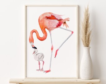 Mom and Baby Flamingo Watercolor, Flamingo Nursery Art, Pink Flamingo Print, Teen Girl Room Decor, Girl Nursery Decor, Mama and Baby Animal