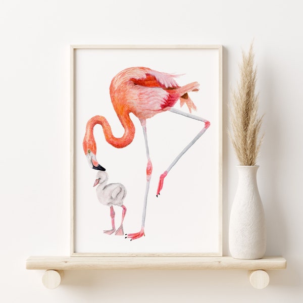 Mom and Baby Flamingo Watercolor, Flamingo Nursery Art, Pink Flamingo Print, Teen Girl Room Decor, Girl Nursery Decor, Mama and Baby Animal