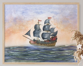Stampa di nave pirata - Quadro con barca a vela - Decorazione per cameretta a tema pirati - Arredamento per la stanza del bambino - Arte per la stanza dei bambini - Illustrazione di avventura piratesca