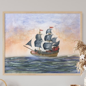 Pirate Ship Print - Sail Boat Wall Art - Pirate Nursery Art - Baby Boy Room Decor - Kids Room Art - Pirate Adventure Illustration