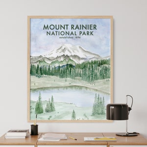 Poster de voyage du parc national du mont Rainier, impression du parc national, aquarelle Rainier, art du parc national, mont Rainier, Washington