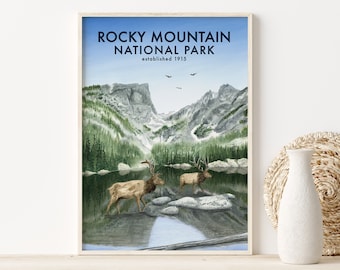 Rocky Mountain Poster - National Park Print - Colorado Art - Elk and Mountain Print - Western American Art - Rocky Mountain Travel Decor