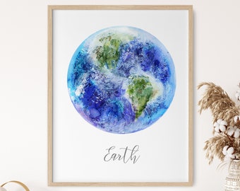 Planet Earth Print, Space Wall Art for Kids, Outer Space Bedroom Decor, Astronomy Poster, Science Teacher Gift, Planet Watercolor