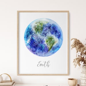 Planet Earth Print, Space Wall Art for Kids, Outer Space Bedroom Decor, Astronomy Poster, Science Teacher Gift, Planet Watercolor