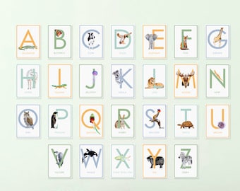 Printable Alphabet Letters, Animal Alphabet, Printable Flash Cards, Nursery Art, Alphabet Wall Cards, ABC Nursery, PDF Download 5x7