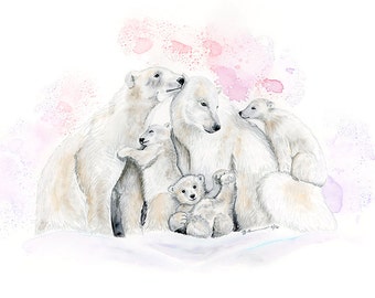 Arctic Nursery Art - Polar Bear Print - Polar Bear Family - Northern Lights - Arctic Animal - Polar Bears Watercolor - Polar Bear Nursery