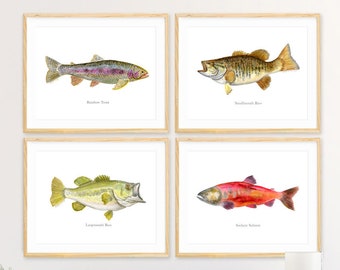 Lake Fish Art, Fish Watercolor Print Set, Fish Wall Art Set, Fishing Prints, Fly Fishing Gift, Fish Wall Art, Lake House Cabin Fish Decor