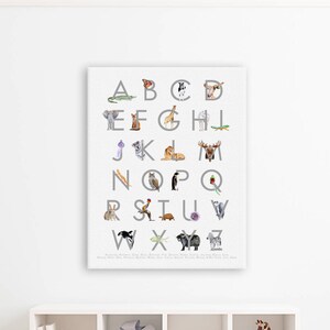 Nursery Alphabet Print, Canvas Nursery Wall Art, Stretched Canvas Alphabet, Animal Alphabet Decor, Kids Canvas Art, ABC Animal Art, Playroom