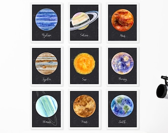 Solar System Print Set, Planet Posters, Space Nursery Art, Planet Prints, Astronomy Boy Room Decor, Solar System Wall Art, Set of 9 Prints