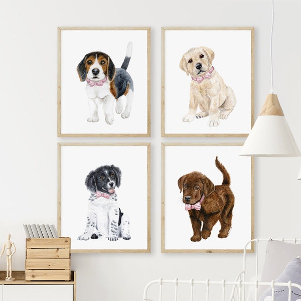 Bowtie Puppy Prints, Bow Tie Puppy Nursery Decor, Dog Nursery Art, Baby Girl Decor, Watercolor Puppies in Bowties, Nursery Wall Art Set of 4