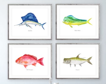 Deep Sea Fish Print Set of 4, Watercolor Coastal Wall Art