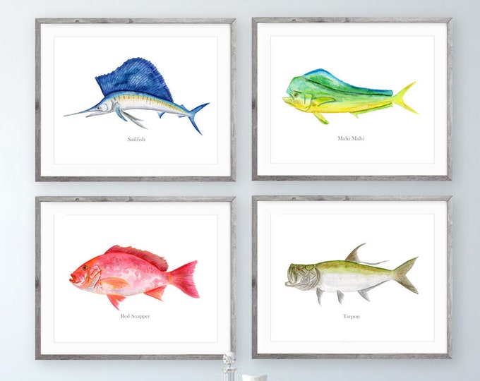 Décoration de poisson, ensemble d'impressions d'art pêche, impressions de poissons, aquarelles de pêche en haute mer, cadeaux pour lui, cadeau de pêche, décoration océan, art mural maison de plage