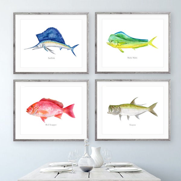Fish Decor, Fishing Art Print Set of 4 Fish Prints, Deep Sea Fishing Watercolors, Gift for Him, Ocean Decor, Beach House Wall Art