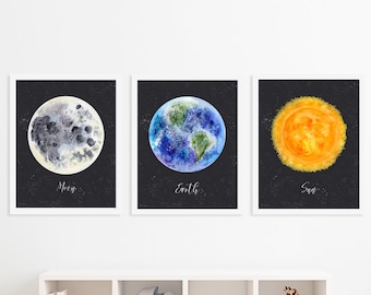 Outer Space Nursery Art, Set of 3 Prints, Space Nursery Print Set, Solar System Decor, Starry Sky Astronomy Gift, Baby Shower