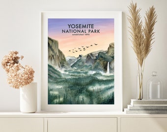 Yosemite National Park Poster, Yosemite Valley Painting, Yosemite Watercolor Print, National Park Print, Yosemite Wall Art, Travel Decor