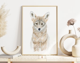 Coyote Watercolor, Southwest Animal Art, Coyote Painting, Texas Animal Western Art, Baby Coyote, Coyote Pup Print, Desert Nursery