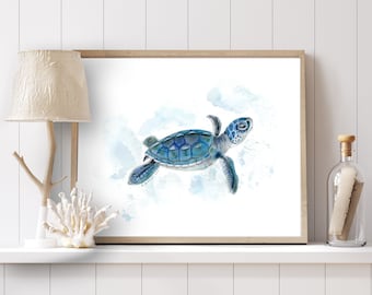 Sea Turtle Watercolor, Baby Sea Turtle, Art Print, Nursery Watercolor Print, Sea Turtle Art, Ocean Nursery Art, Girl Art, Boy Art, Blue