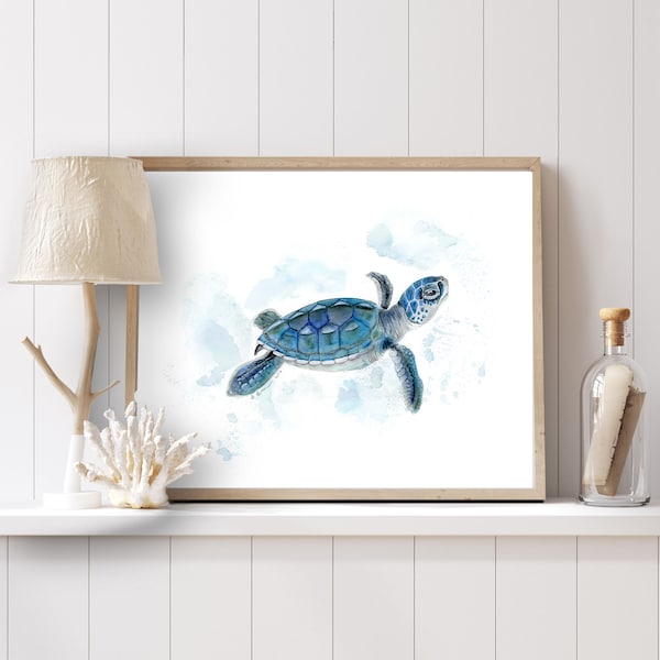 Sea Turtle Watercolor, Baby Sea Turtle, Art Print, Nursery Watercolor Print, Sea Turtle Art, Ocean Nursery Art, Girl Art, Boy Art, Blue