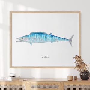 Blue Watercolor Fish, Wahoo Fish Painting, Wahoo Fish Mount Print, Sports Fishing Decor, Fish Art, Angler Fish Gift, Coastal Decor, Kitchen