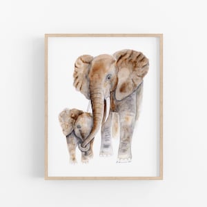 Print met moeder en babyolifant, safari-dieren decoratie voor de babykamer.