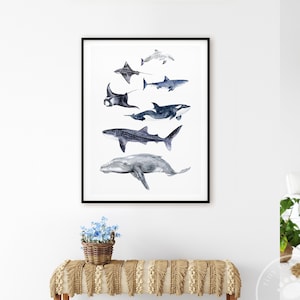 Ocean Animals Watercolor, Bathroom Decor, Coastal Print, Ocean Nursery Art, Sea Life Art, Nautical Kids Room Decor, Scandinavian Style Decor