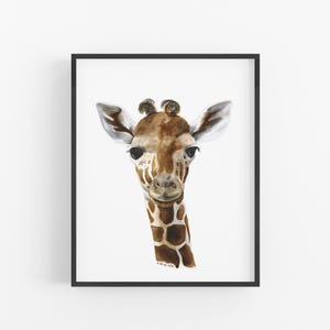 A framed watercolor print depicting the head of a giraffe.