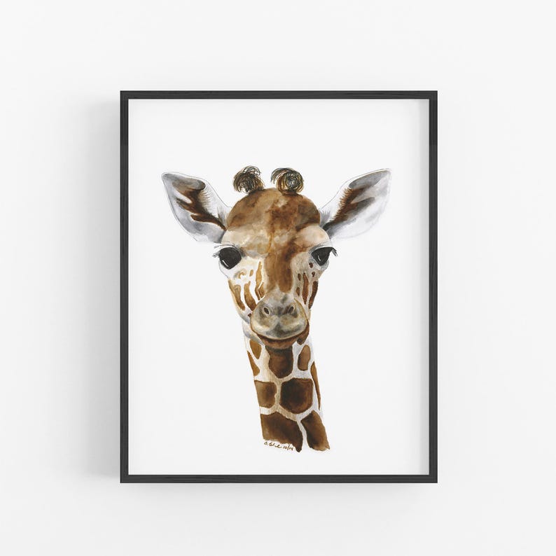 A framed watercolor print depicting the head of a giraffe.