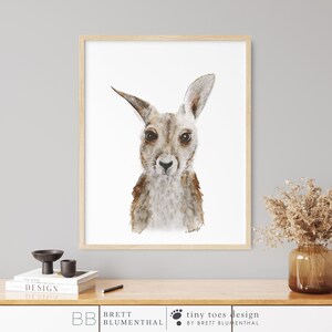 May include: A watercolor painting of a kangaroo with brown fur and a white chest. The kangaroo is looking directly at the viewer with a curious expression. The painting is framed in a light wood frame.