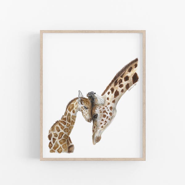 Stampa artistica con mamma e cucciolo di giraffa, regalo perfetto per la festa della mamma.