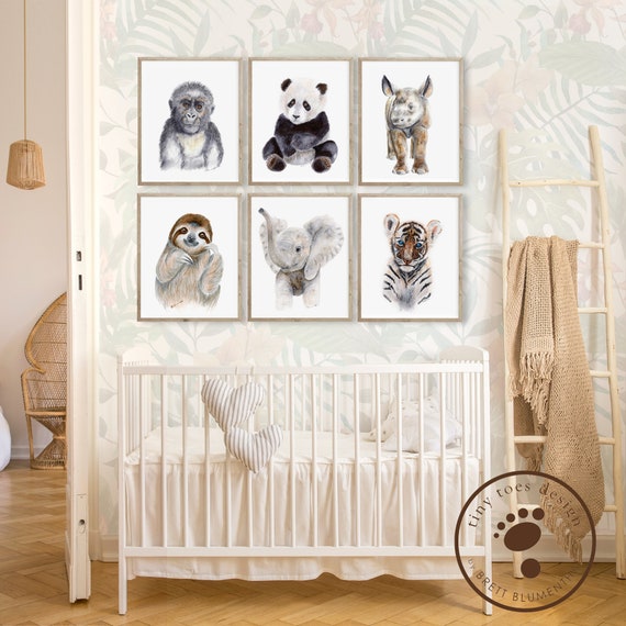 Safari Jungle Animals Grey Star Nursery Prints Set of 3 Baby Room Wall Art Decor 