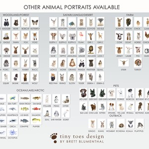 May include: A chart of watercolour animal illustrations, organised by habitat. The chart includes animals from the woodland, safari, farm, ocean, pets, and outback. The chart is titled "Other Animal Portraits Available" and includes the text "tiny toes design by Brett Blumenthal".