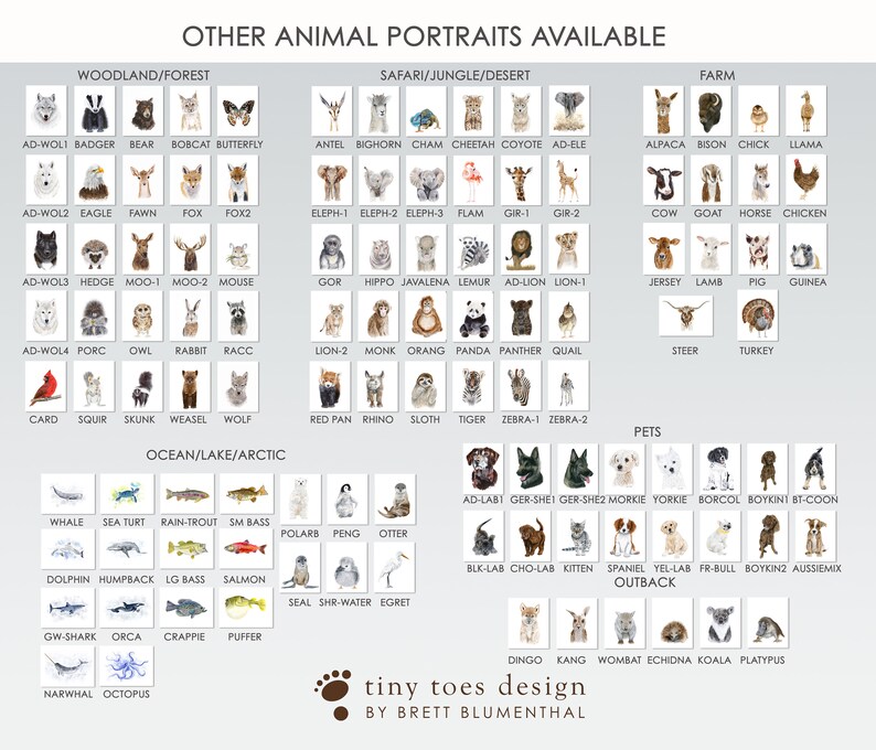May include: A chart of watercolour animal illustrations, organised by habitat. The chart includes animals from the woodland, safari, farm, ocean, pets, and outback. The chart is titled "Other Animal Portraits Available" and includes the text "tiny toes design by Brett Blumenthal".