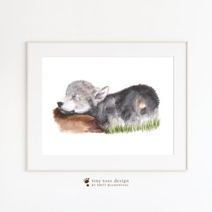 Baby Wolf Art Woodland Nursery Wolf Pup Baby Room Decor Nursery Art Wolf Nursery Baby Animal Art Green Gray Brown image 3