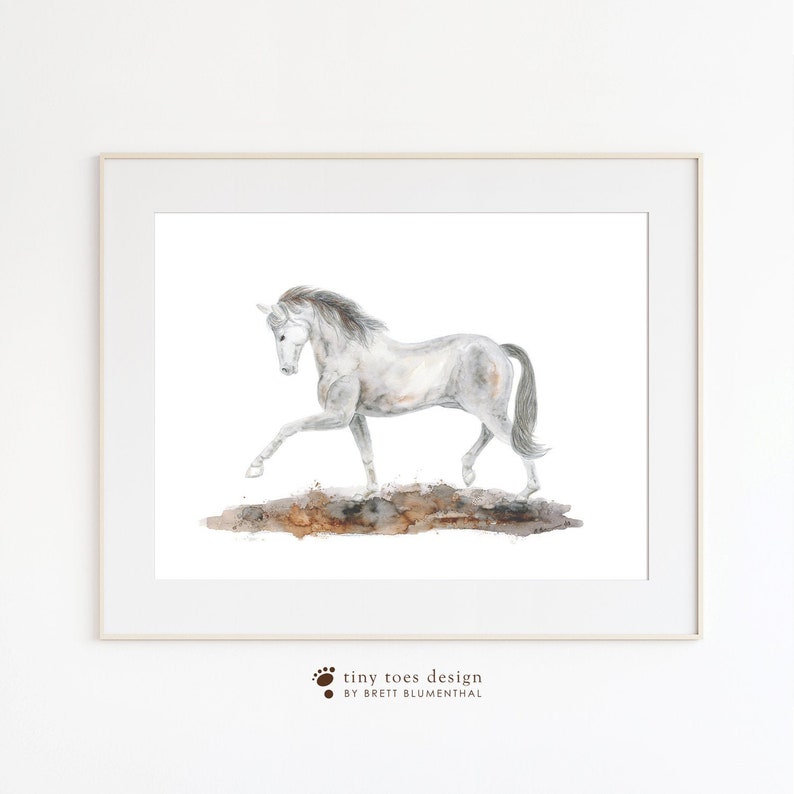 May include: A watercolor painting of a white horse with a brown mane and tail, running through a brown and gray muddy field. The horse is in mid-stride, with its legs extended. The painting is set against a white background.