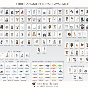 May include: A chart with watercolor illustrations of various animals, organized by habitat and category. The chart includes animals like a badger, bear, butterfly, card, eagle, fawn, fox, hedgehog, moo, mouse, owl, porcupine, rabbit, raccoon, skunk, snow leopard, squirrel, weasel, wolf, antelope, bighorn, bobcat, cheetah, coyote, elephant, flamingo, giraffe, gorilla, hippopotamus, iguana, lemur, lion, monkey, orangutan, ostrich, panda, panther,  quail, red panda, red-tailed hawk, rhino, roadrunner, sloth, tiger, zebra, beagle, bluetick, borzoi, boykin, cavalier, french bulldog, german shepherd, golden retriever, guinea pig, kitten, labrador, labradoodle, lab-choc, lab-yel, morrie, yorkie, alpaca, bison, chick, chicken, cow, donkey, goat, horse, llama, pig, steer, turkey, dingo, kangaroo, wombat, echidna, koala, platypus, egret, otter, polar bear, penguin, seal, and  shrew.