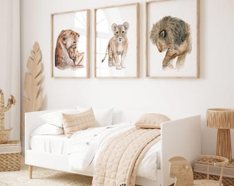 Lion Family Print Set of 3, African Safari Nursery Wall Art