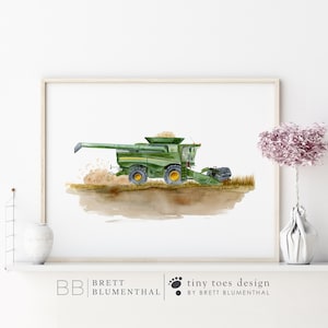 Green Tractor Print, Combine Harvester, Farm Equipment Illustration, Farm Birthday Party Decor, Farming Wall Art, Baby Boy Room Decor
