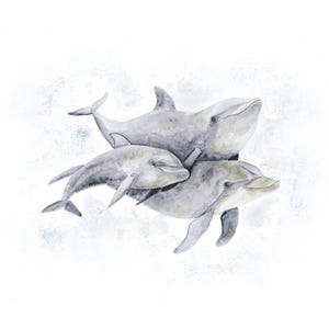 Lámina infantil Familia de delfines, arte mural de acuarela del océano imagen 1