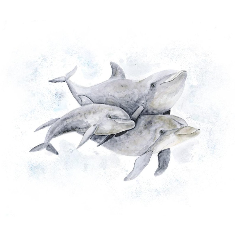 Lámina infantil Familia de delfines, arte mural de acuarela del océano imagen 1